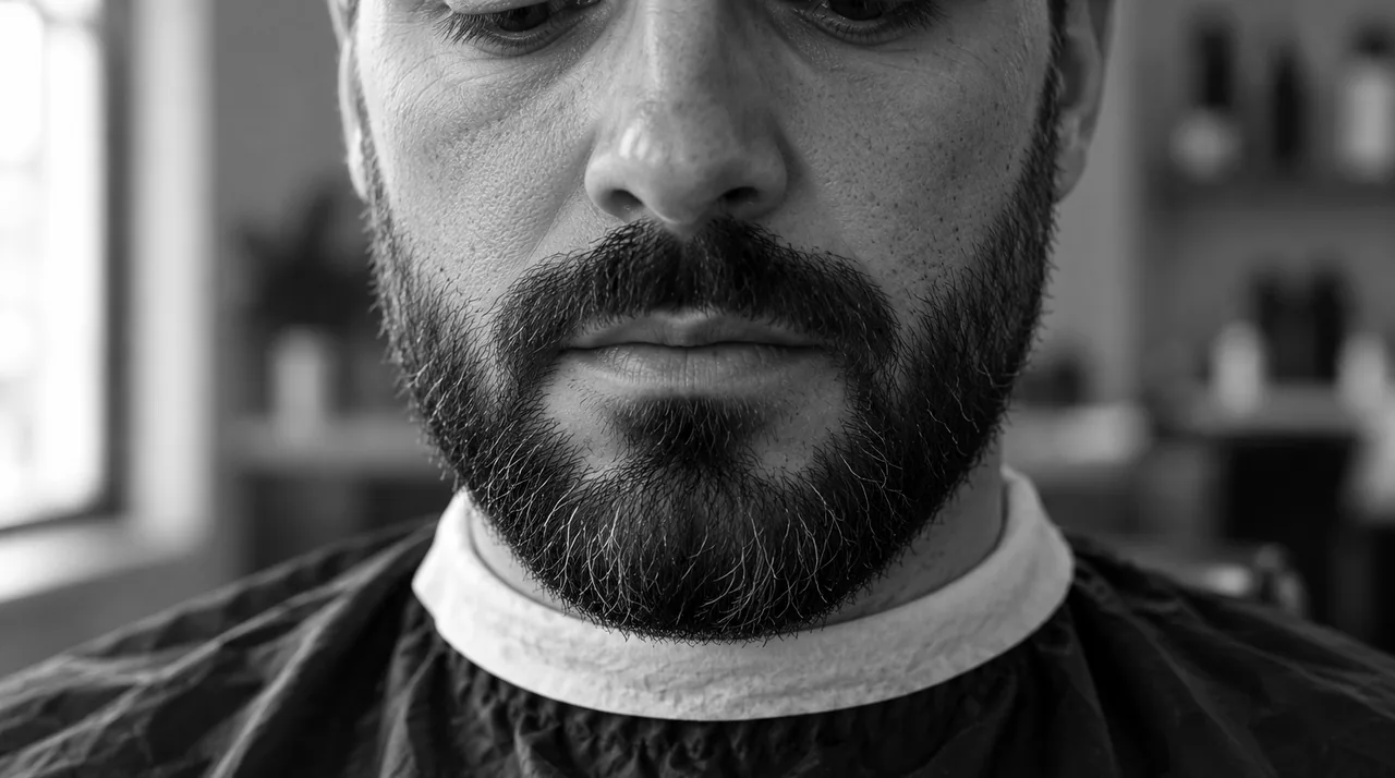 Barbe courte vue de face, de près : le menton et la moustache occupent l'image, les pattes et le cou ne se voient pas
