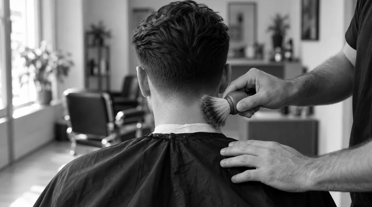 Barbier qui chasse au blaireau les cheveux coupés sur la nuque d'un client, vu de dos, en fin de coupe