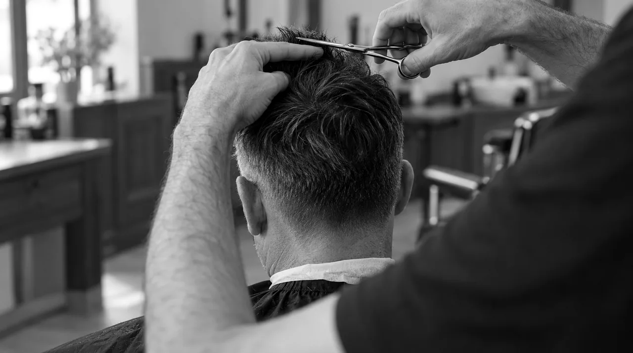 Barbier qui coupe aux ciseaux le dessus des cheveux d'un client assis, vu de dos par-dessus l'épaule du barbier