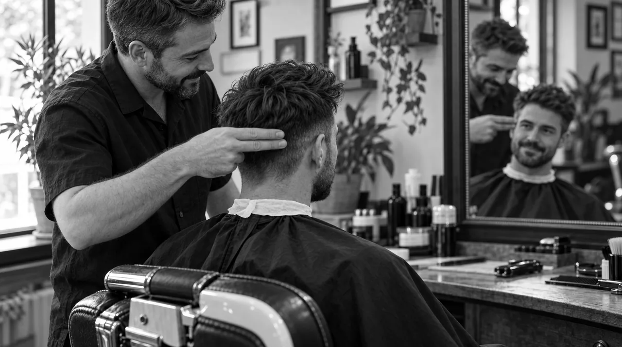 Le barbier pose deux doigts à plat sur le côté de la tête du client pour montrer jusqu'où montera le dégradé ; dans le miroir, le client sourit