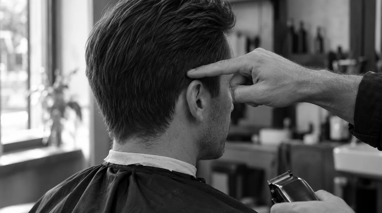 Vu de dos, par-dessus l'épaule du client : son index posé sur le côté de la tête du client, juste au-dessus de l'oreille, pour montrer où s'arrêtera le dégradé
