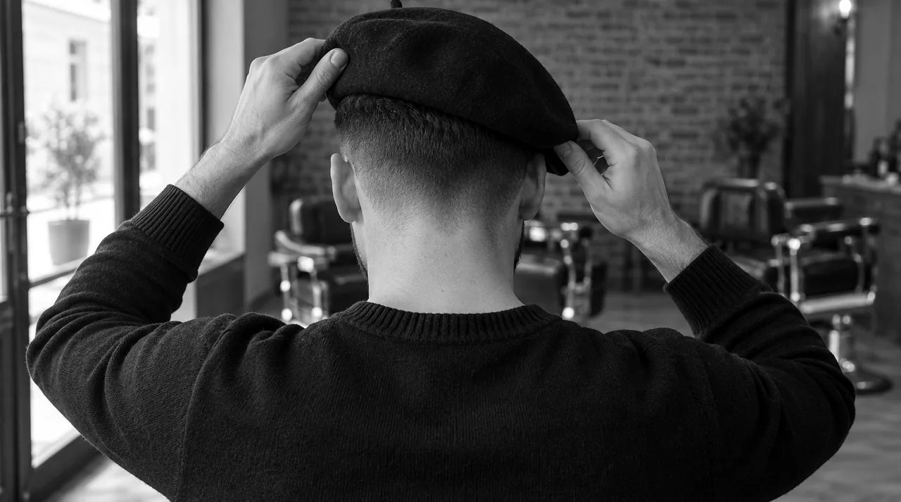 Homme vu de dos qui ajuste un béret sombre sans insigne sur une coupe courte toute fraîche