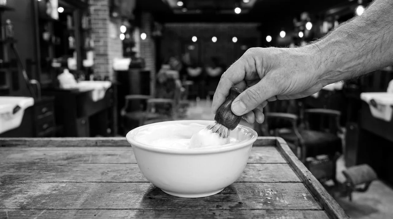 Main faisant tourner un blaireau dans un bol de mousse à raser épaisse