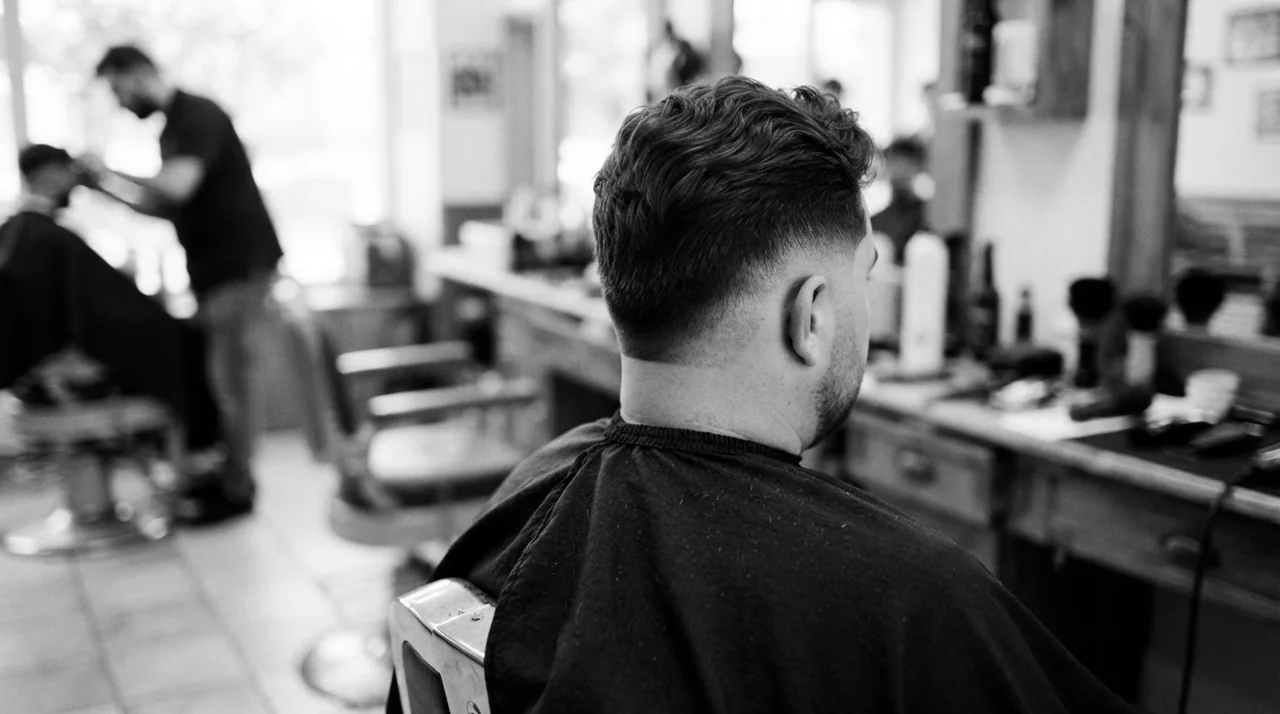 Burst fade vu de dos : fondu en demi-cercle autour de l'oreille, bande de cheveux au milieu de la nuque
