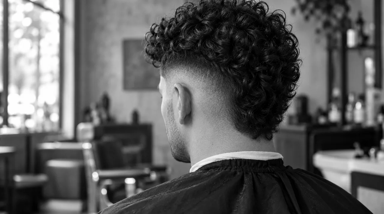 Homme aux cheveux bouclés vu de dos et un peu de côté, burst fade : arc court autour de l'oreille, boucles gardées sur le dessus et dans la nuque