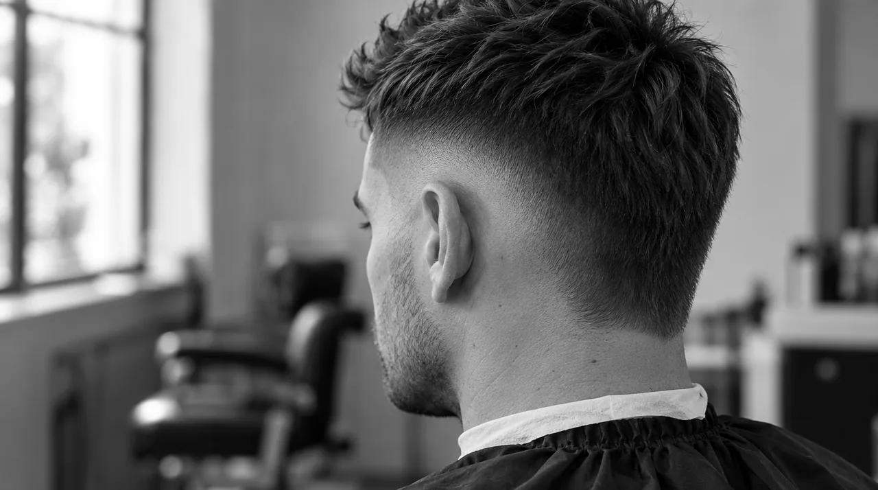 Burst fade vu de dos et de côté, par-dessus l'épaule : l'arc de peau autour de l'oreille, la longueur gardée derrière