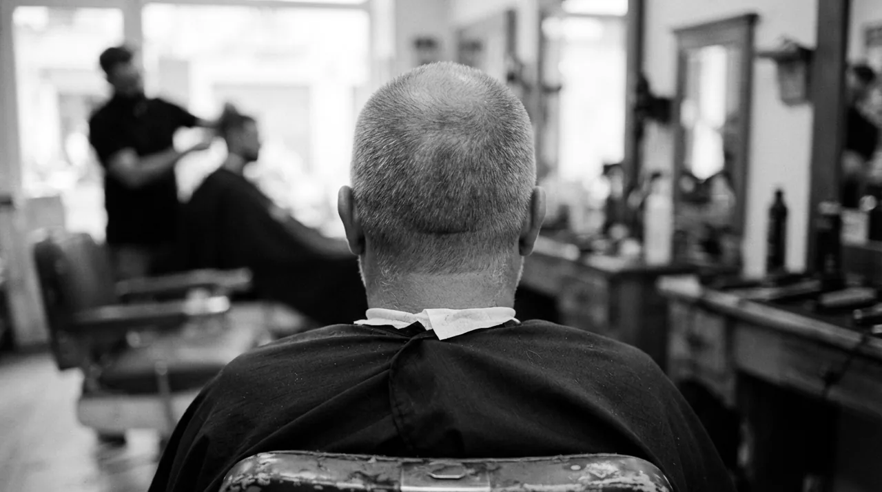 Homme aux cheveux poivre et sel vu de dos au fauteuil, buzz cut à environ 6 mm sur toute la tête