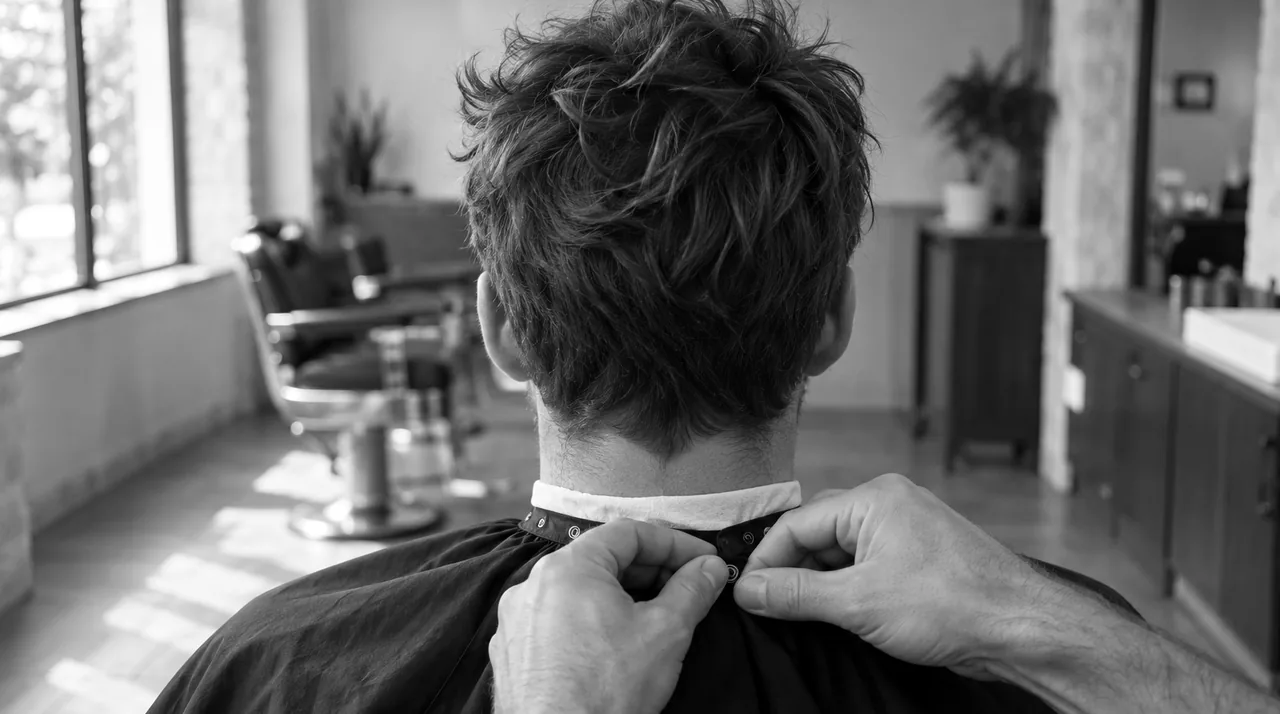 Homme vu de dos au fauteuil du barbier, les cheveux encore ébouriffés et raidis par le sel, avant le shampoing