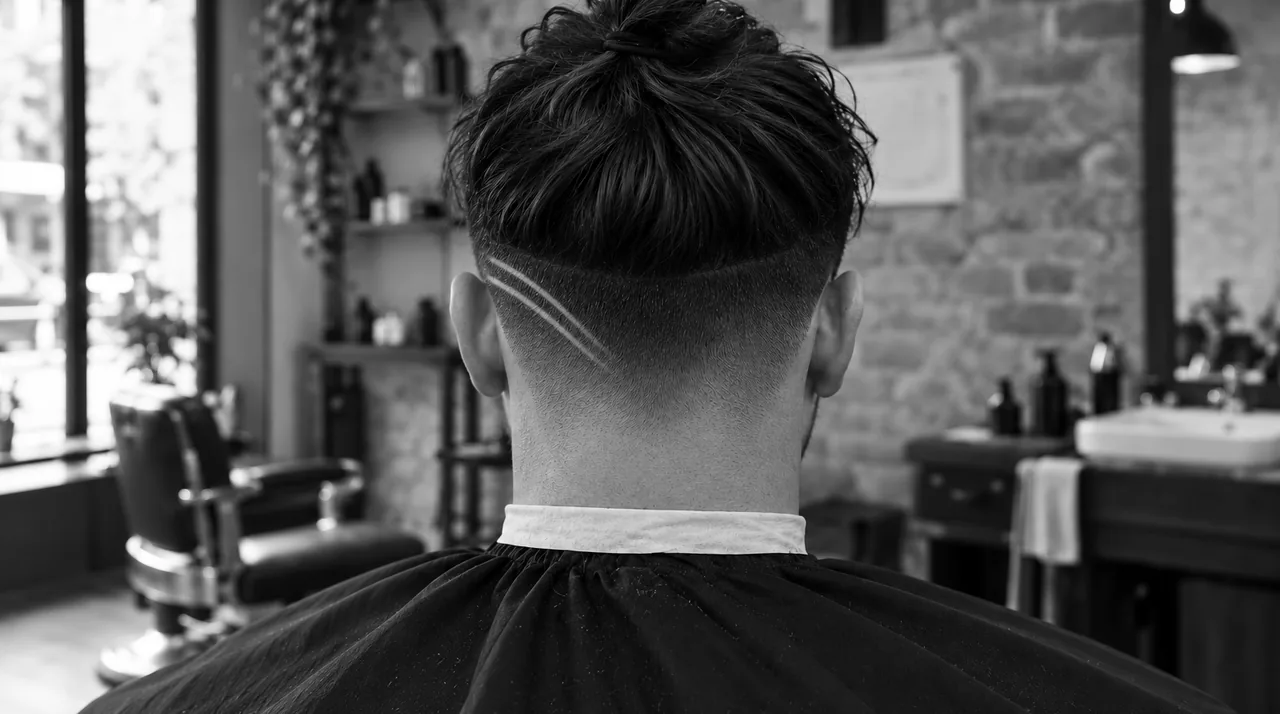 Dessus noué en chignon au sommet du crâne, côtés dégradés et deux traits courbes rasés derrière l'oreille