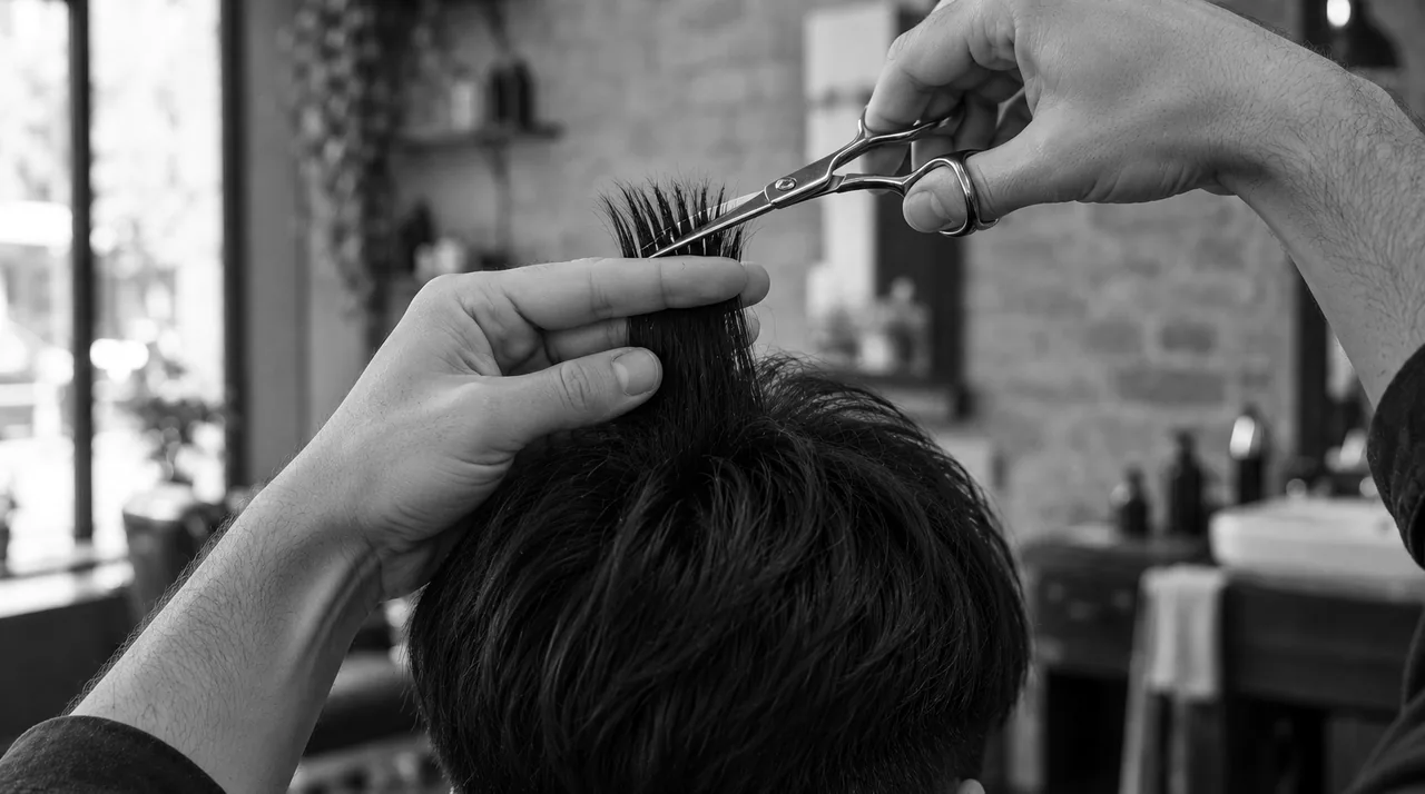 Ciseaux entaillant le bout d'une mèche du dessus tenue à la verticale