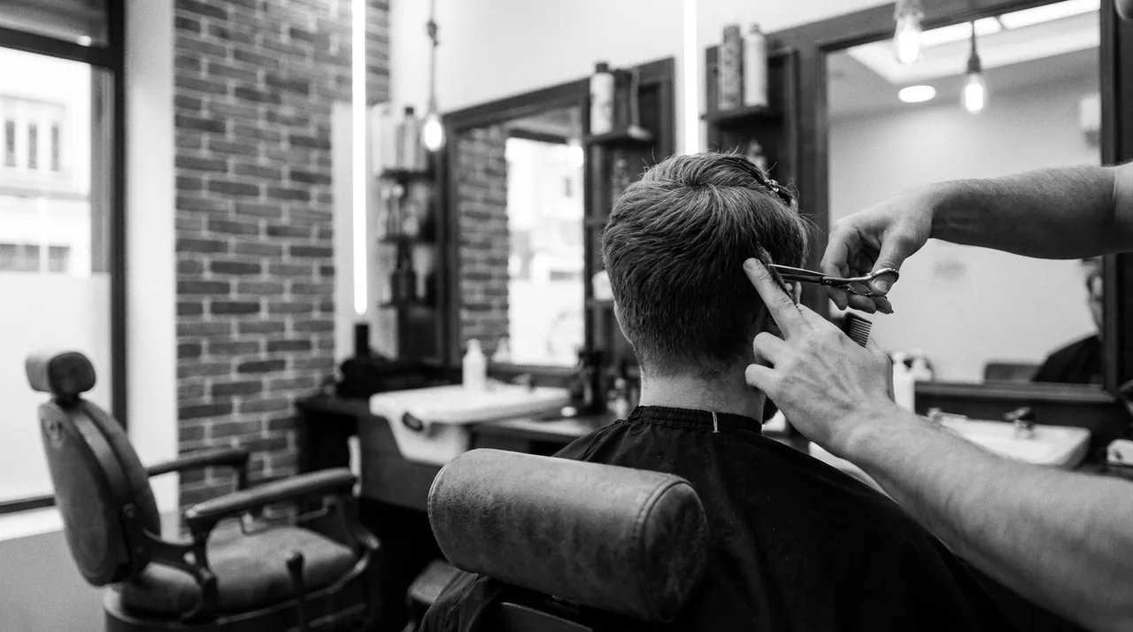 Barber cutting a section of a young man’s hair with scissors, seen from behind the barber chair