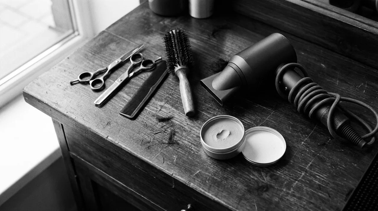 Ciseaux droits, ciseaux à effiler, peigne, brosse ronde et sèche-cheveux posés sur un comptoir