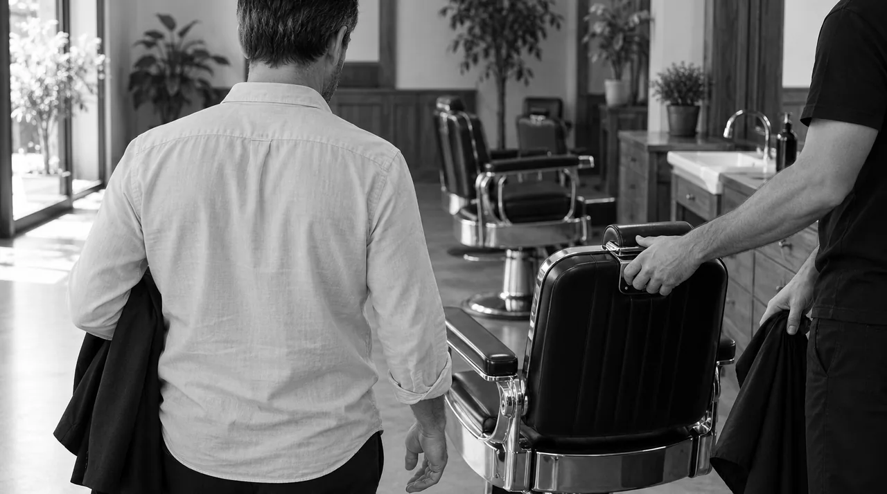 Homme vu de dos, sa veste sur le bras, qui rejoint un fauteuil de barbier libre que le barbier tourne vers lui