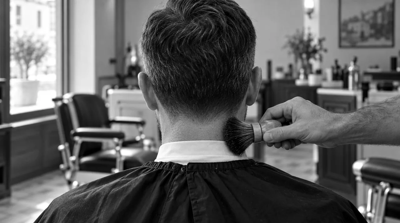 Client en chemise vu de dos au fauteuil du barbier, la nuque brossée à la fin de la coupe