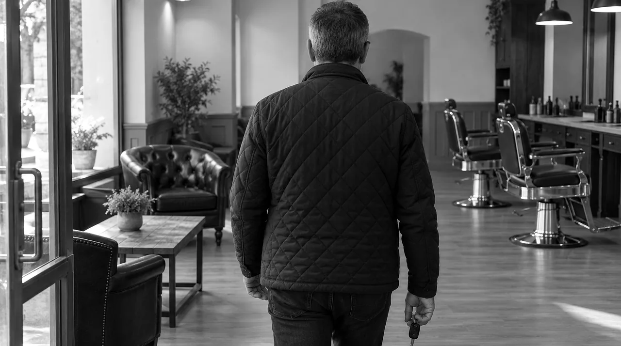 Homme vu de dos qui entre dans un salon de barbier, ses clés de voiture à la main, les fauteuils d'attente devant lui