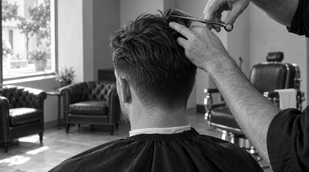 Client assis au fauteuil du barbier, vu de dos, la coupe aux ciseaux qui commence dans un salon calme