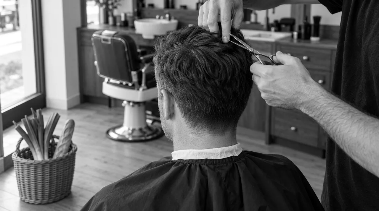 Client vu de dos au fauteuil du barbier pendant la coupe, un panier de marché en osier posé au sol à côté du fauteuil