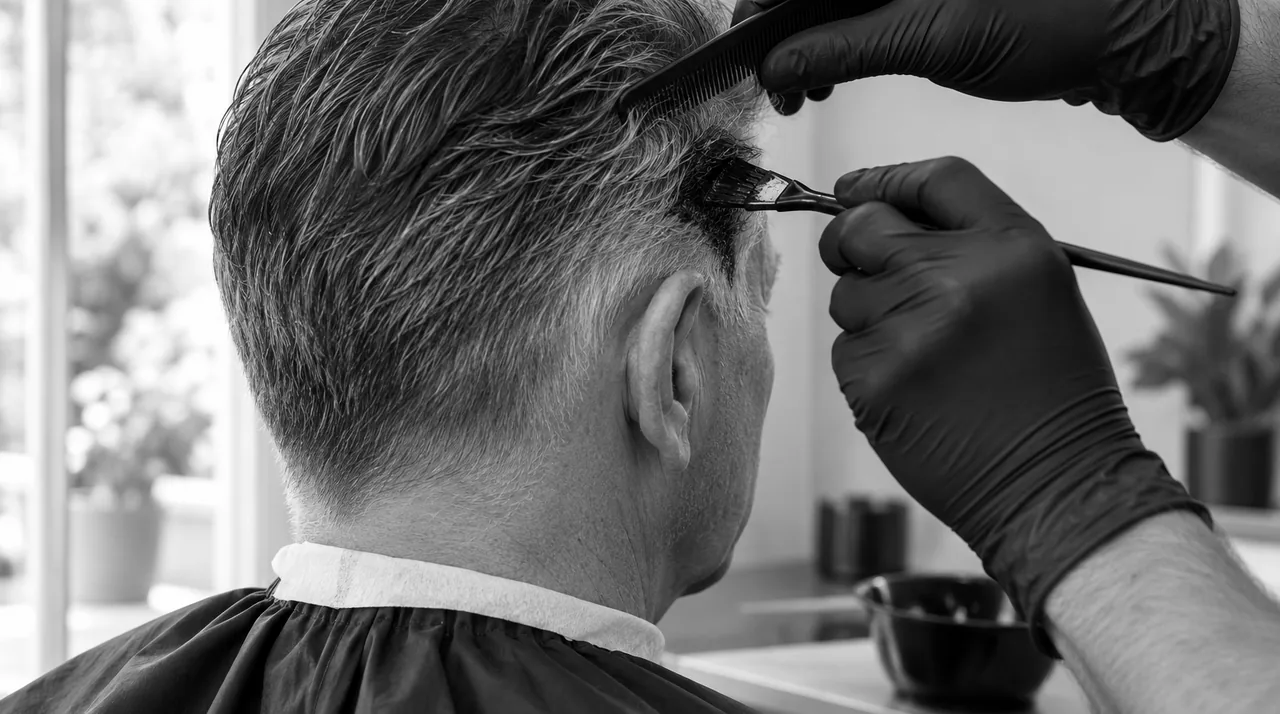 Tempe grisonnante d'un homme vu de dos et de trois quarts arrière : le barbier applique la teinte noire aux racines avec un pinceau