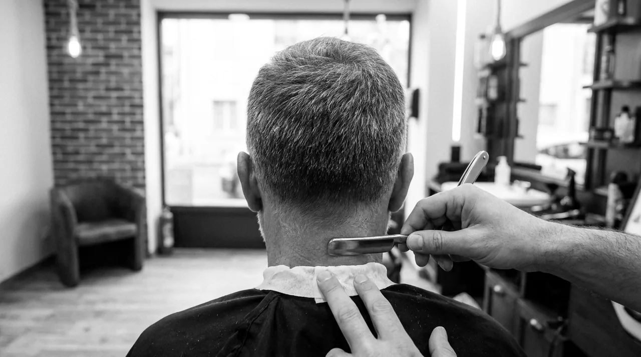 Barber's hand tracing the nape outline with a razor on a grey-haired man