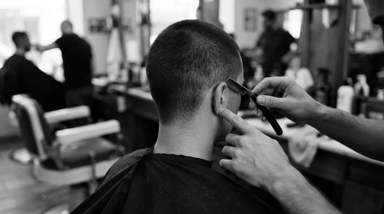 Homme aux cheveux tondus à environ 3 mm vu de dos : le barbier abaisse le haut de l'oreille d'un doigt et passe le rasoir sur le contour autour de l'oreille