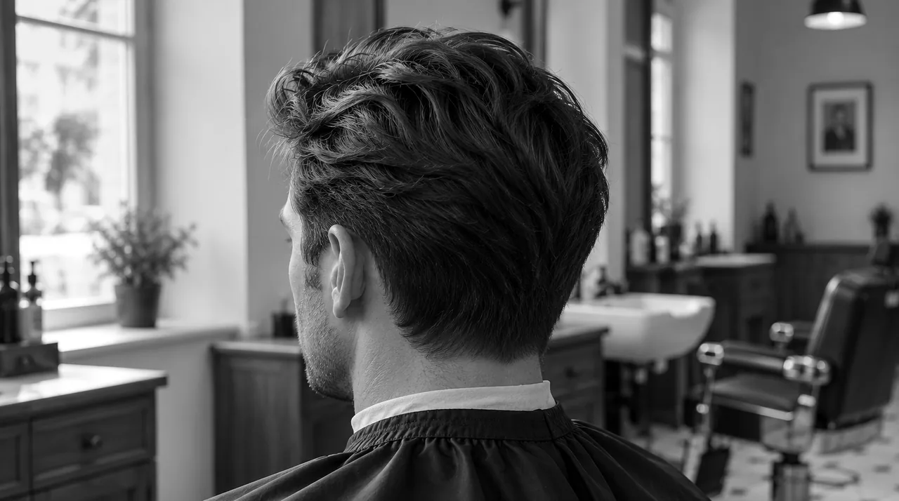 Homme vu de trois-quarts dos dans un salon : dessus mi-long texturé, coiffé en arrière avec du mouvement, côtés couverts