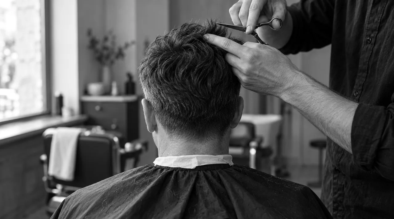 Homme vu de dos au fauteuil du barbier : le barbier coupe le dessus aux ciseaux, une mèche tenue entre deux doigts