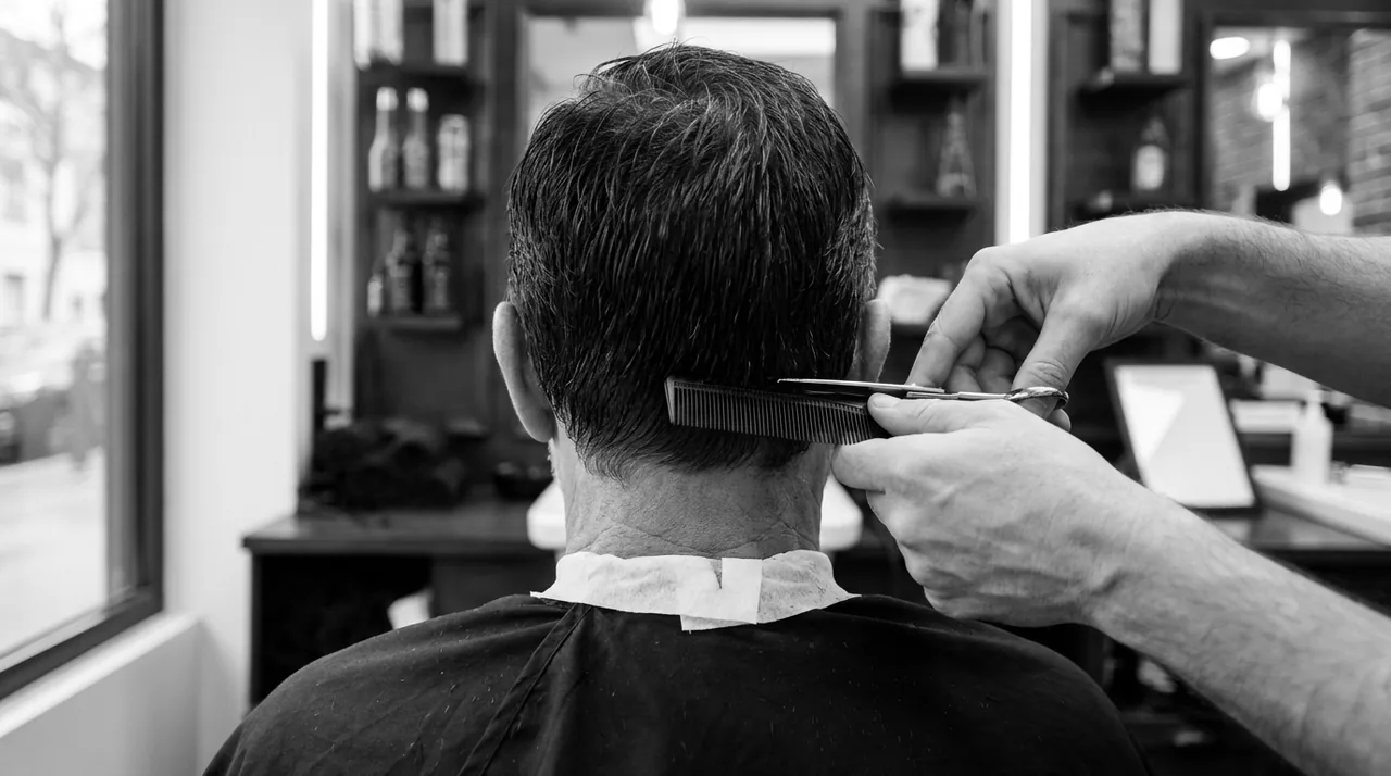 Nuque d'un homme d'une soixantaine d'années, cheveux teints en noir, coupés aux ciseaux sur peigne