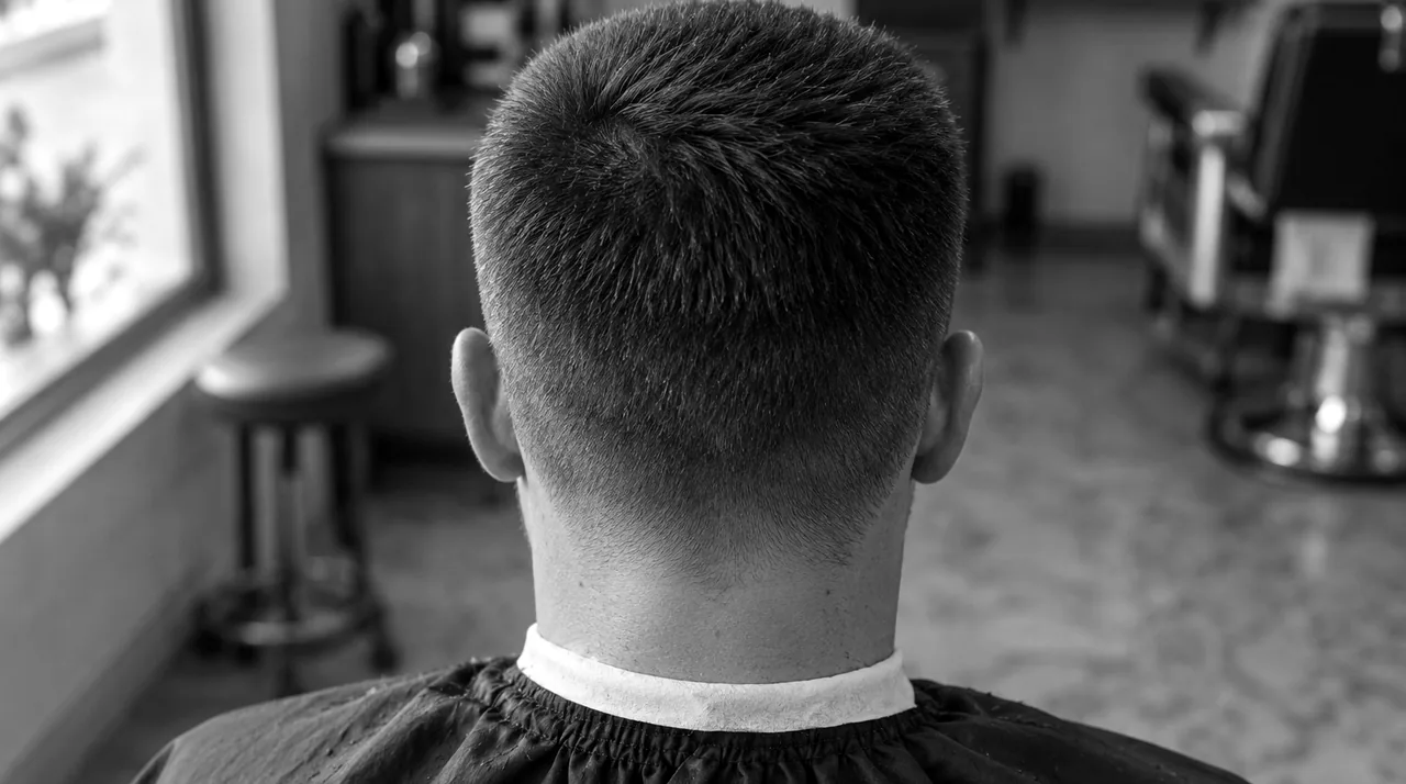 Brosse courte vue de dos : environ deux centimètres de cheveux épais dressés, côtés et nuque dégradés