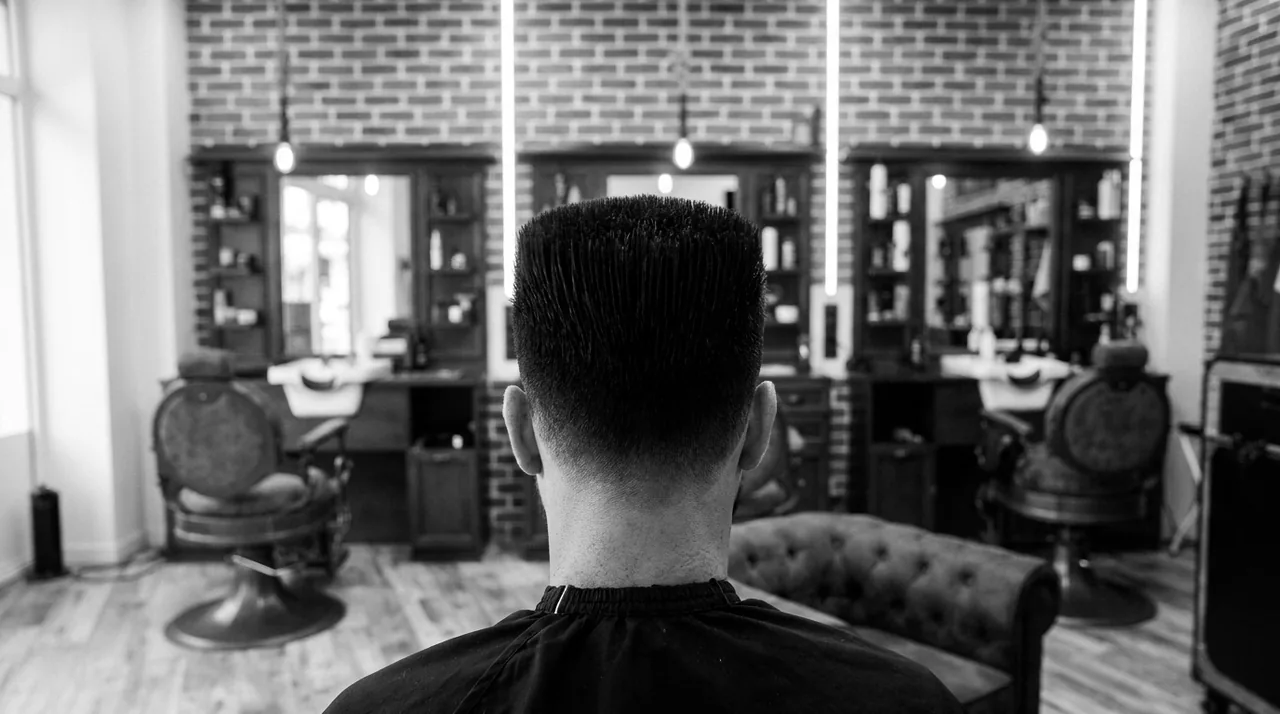 Cheveux noirs épais coupés en brosse, dessus dressé et plat, vus de derrière