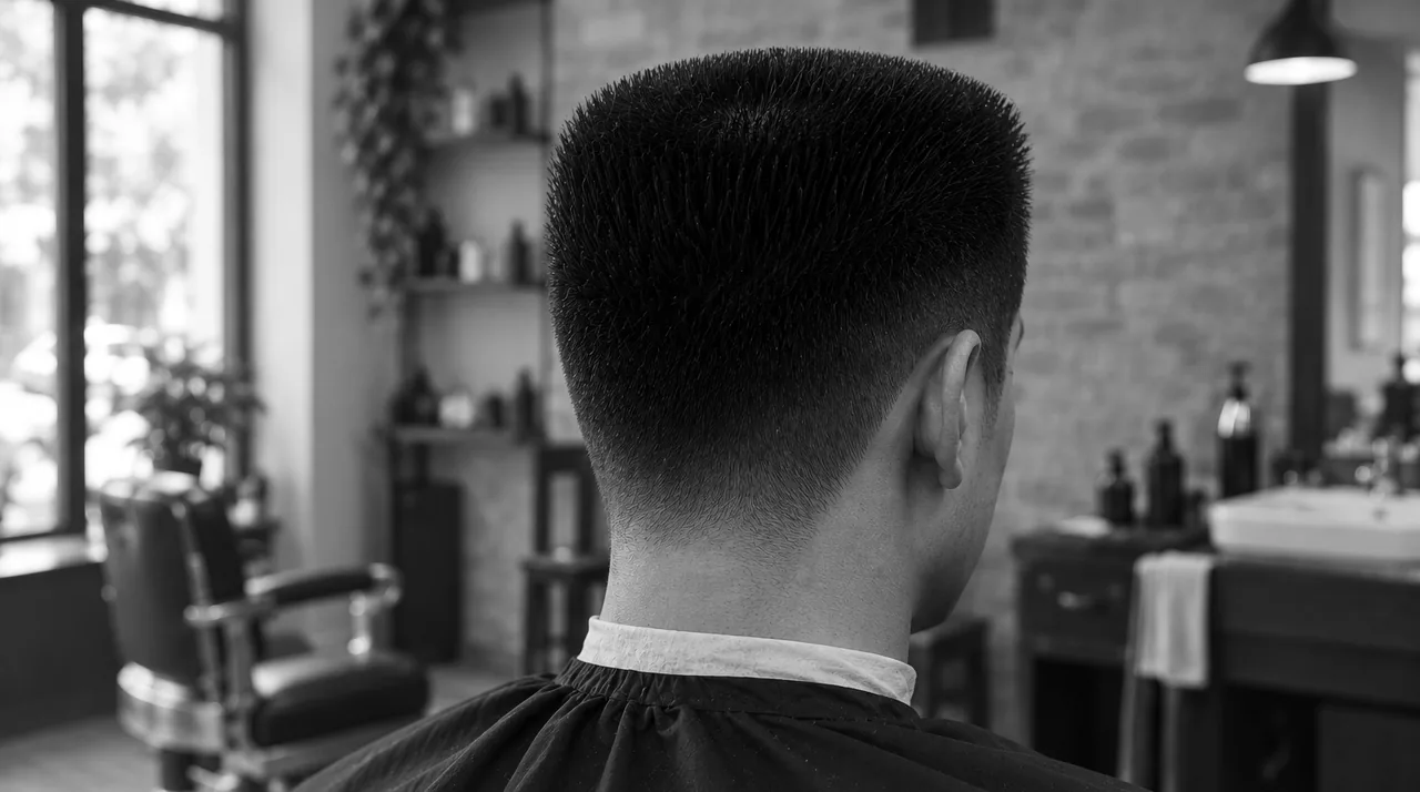 Coupe en brosse vue de dos : dessus court et plat, côtés courts