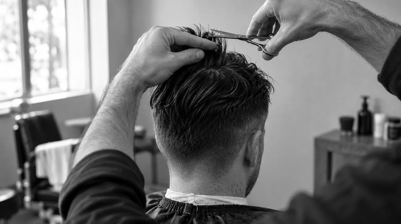 Barbier coupant aux ciseaux le dessus des cheveux d'un client vu de dos, cape noire