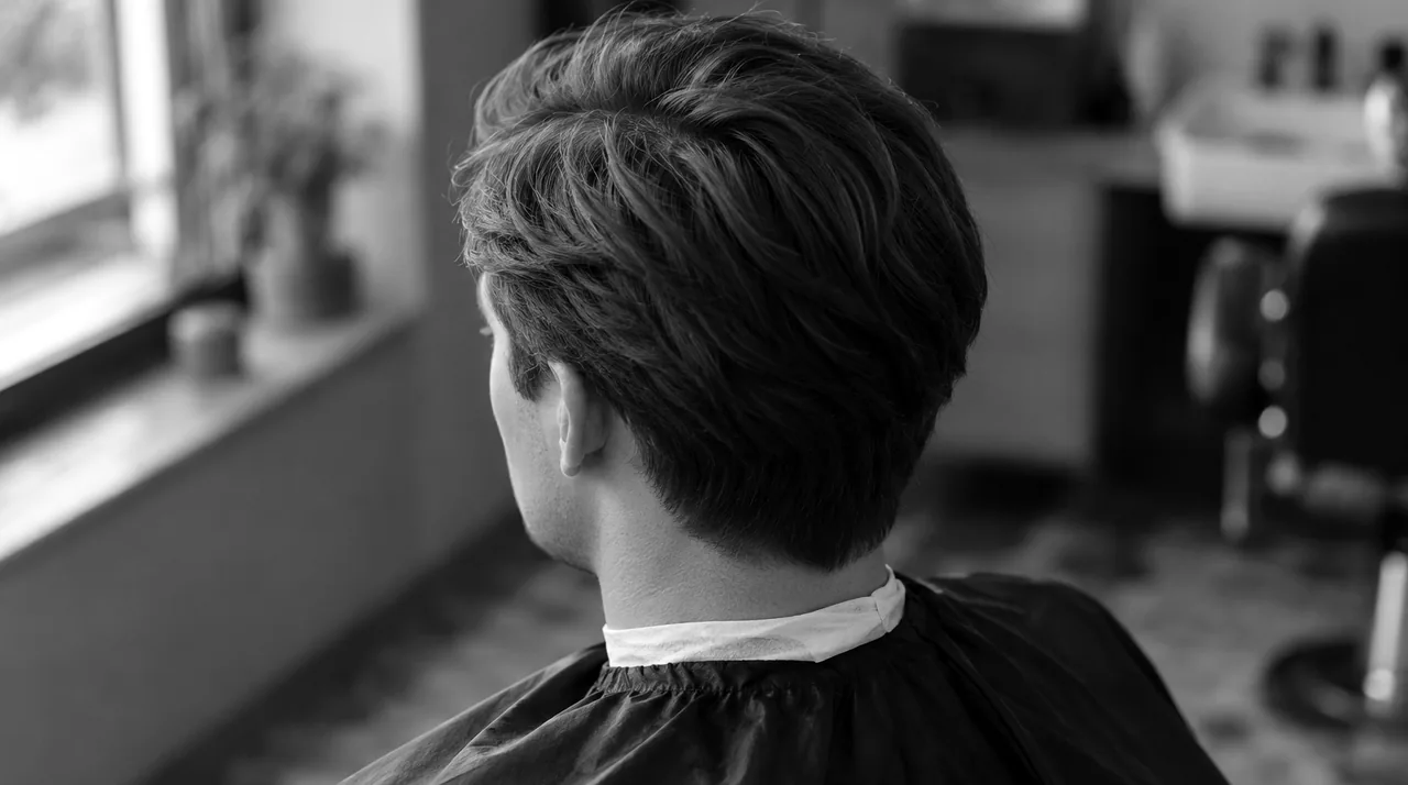 Homme châtain vu de trois-quarts dos au fauteuil : dessus en mouvement balayé sur le côté, côtés coupés aux ciseaux qui couvrent le haut des oreilles