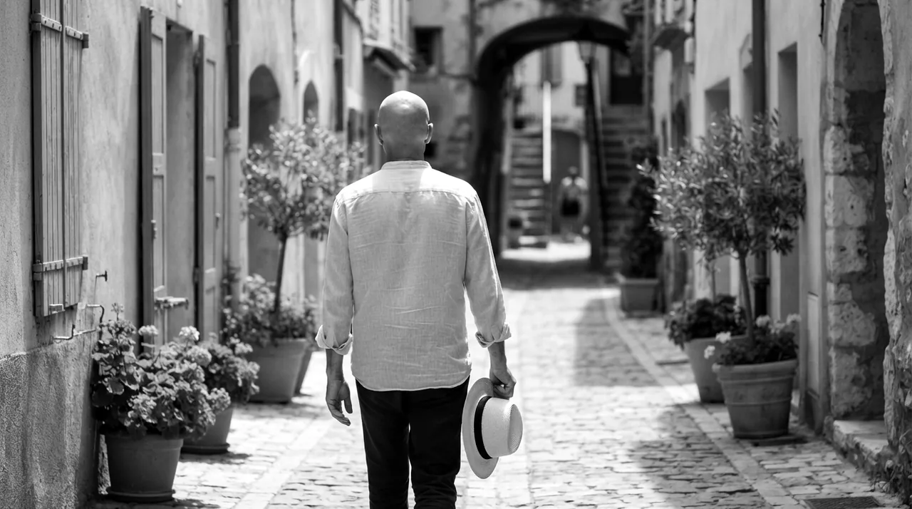 Homme au crâne rasé vu de dos dans une rue ensoleillée, un chapeau de paille à la main