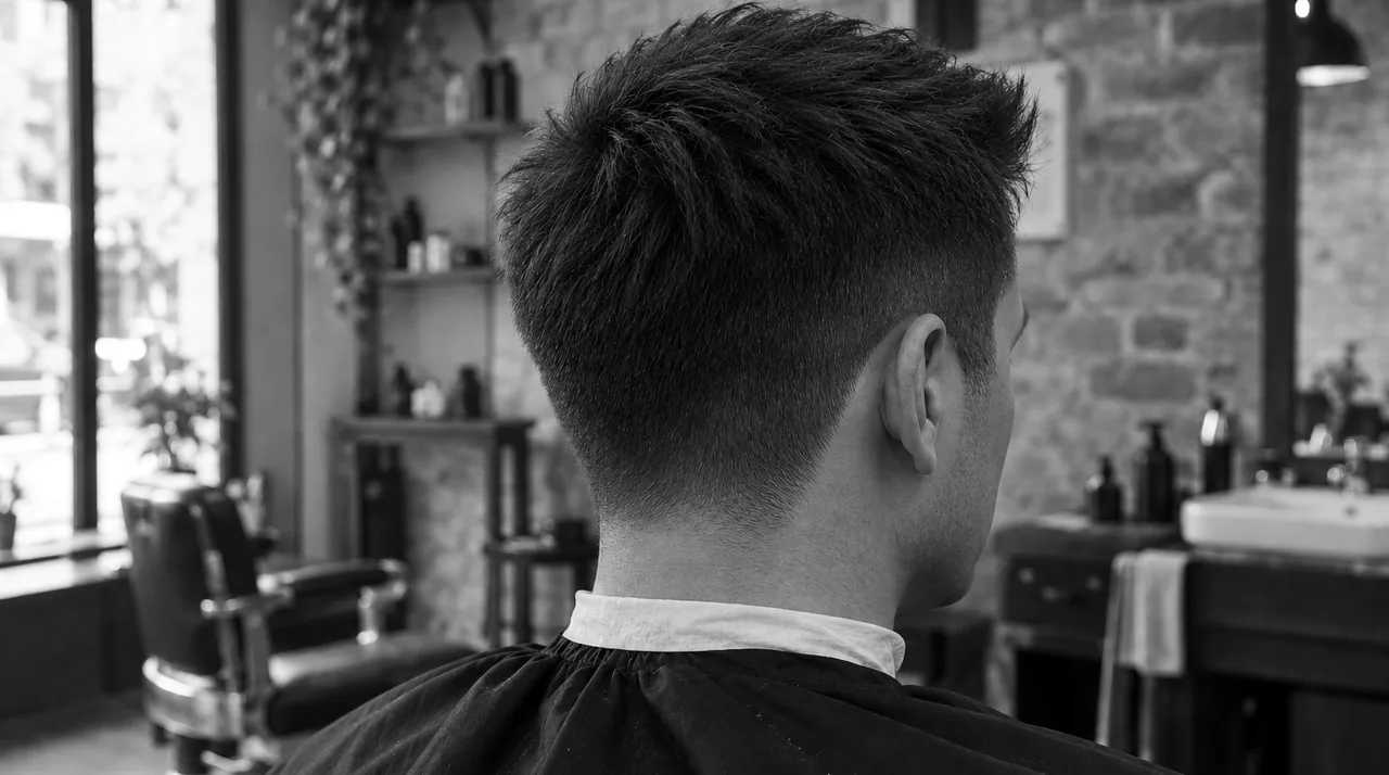 Crew cut vu de trois-quarts dos : côtés courts, dessus texturé un peu plus long devant