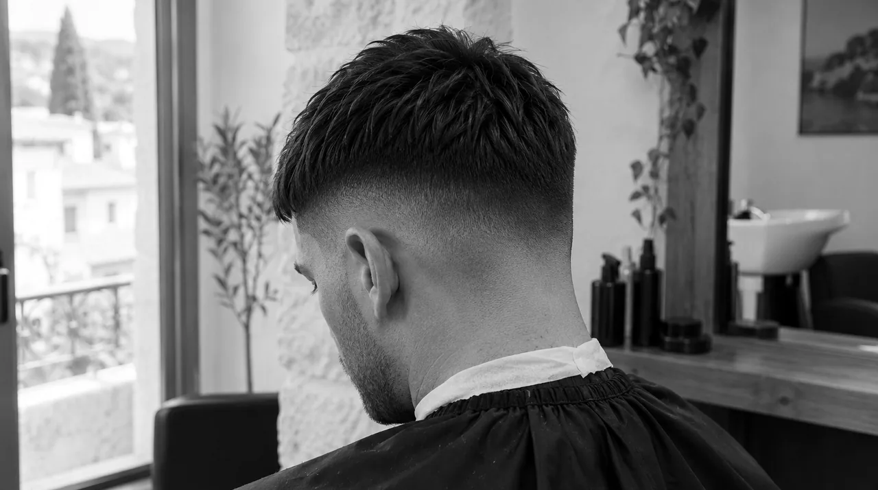 Crop texturé vu de trois-quarts dos sur cheveux raides : petites mèches coiffées à la pâte mate, frange courte vers l'avant, côtés dégradés
