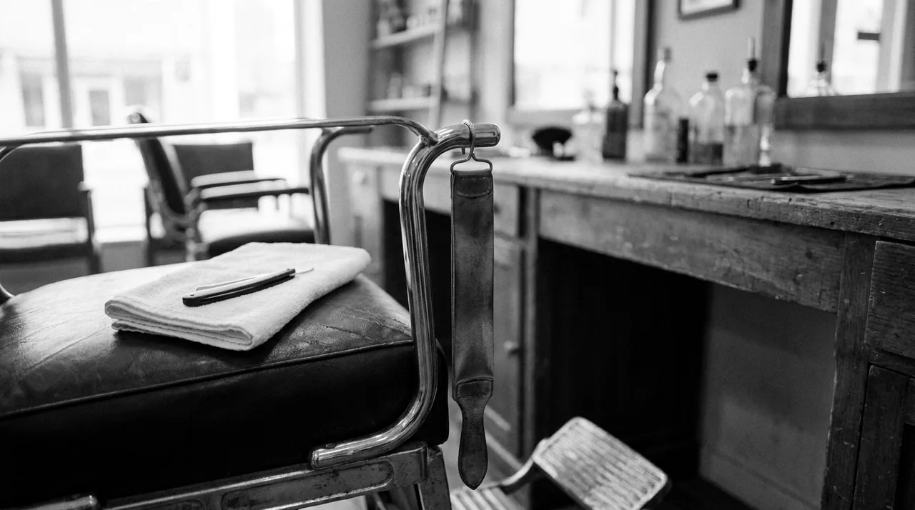 Cuir à rasoir suspendu à un fauteuil de barbier, rasoir fermé sur une serviette