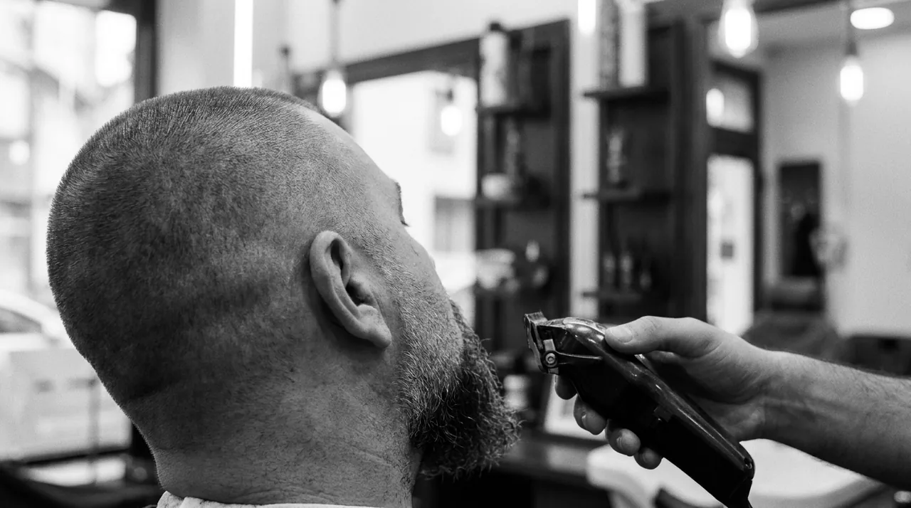 Homme vu de dos pendant une taille de barbe à la tondeuse : on ne voit ni la largeur ni le bas de la barbe
