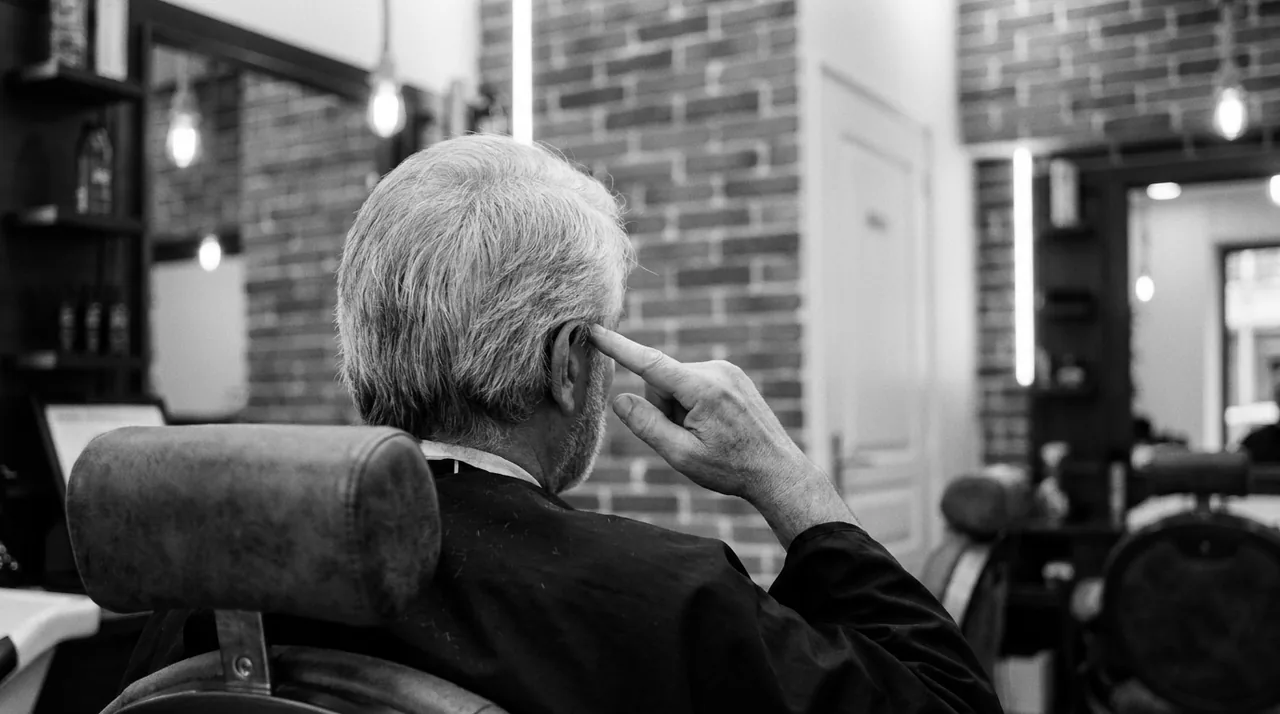 Man in a barber chair seen from behind, one finger on the side of his head to show where the short part should stop