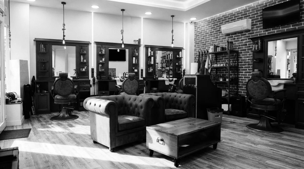 Coin d'attente d'un salon de barbier : deux fauteuils capitonnés vides, une table basse, les fauteuils de coupe libres derrière