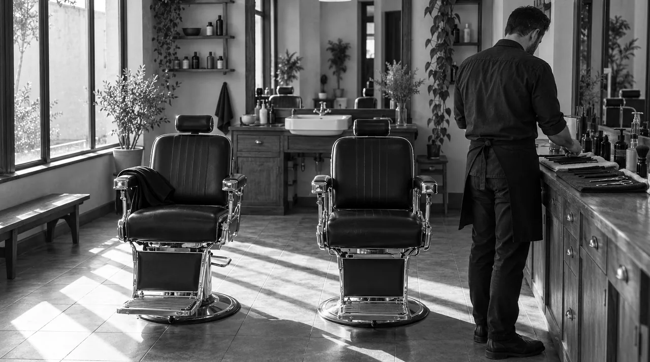 Salon de barbier calme un matin de semaine : deux fauteuils libres, un barbier de dos range ses peignes sur le comptoir