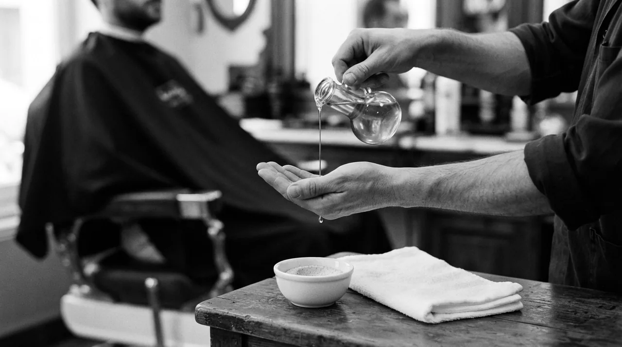 Mains d'un barbier : l'une verse un filet d'huile d'une petite carafe en verre dans la paume de l'autre ; sur le comptoir, un bol de gommage et une serviette pliée ; un client en cape attend au fond à gauche