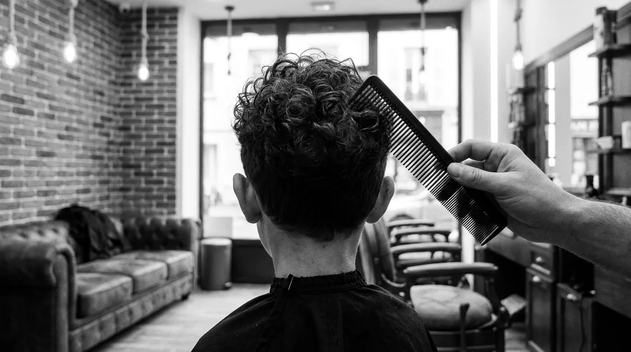 Garçon aux cheveux bouclés vu de dos, un barbier tient un peigne près de ses boucles