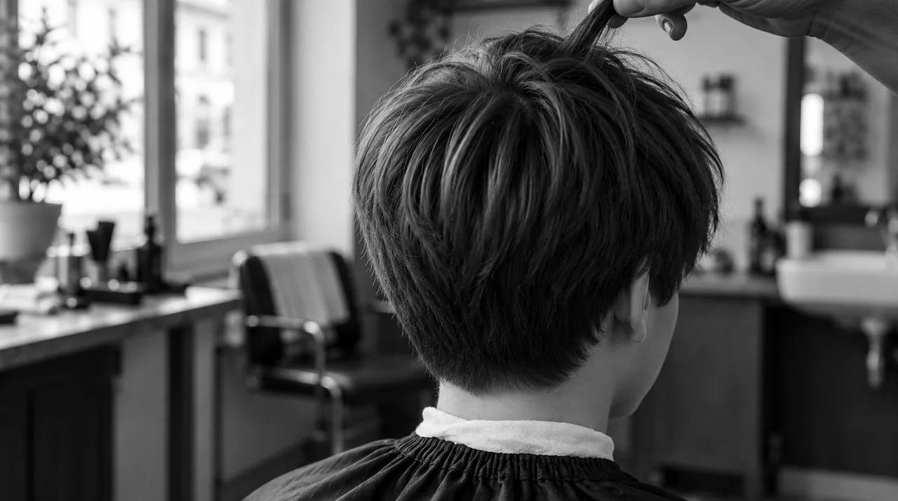 Garçon vu de dos et un peu de côté, coupe mi-longue : les cheveux couvrent le haut de l'oreille, une mèche du dessus tenue entre deux doigts