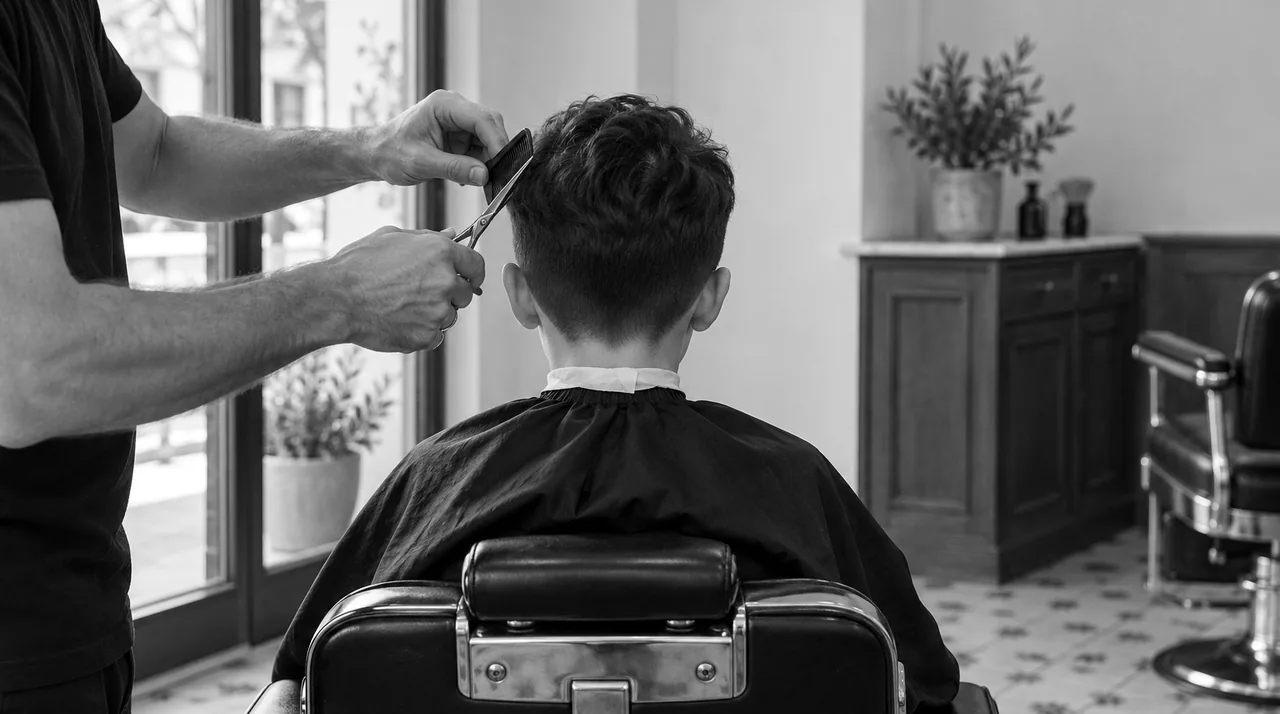 Garçon d'environ huit ans vu de dos dans un fauteuil de barbier, sous une cape noire, pendant la coupe