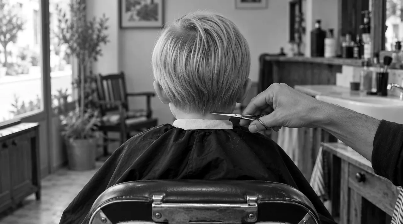 Petit garçon vu de dos sur un rehausseur, coupe un peu longue : oreilles à moitié couvertes, nuque arrondie aux ciseaux