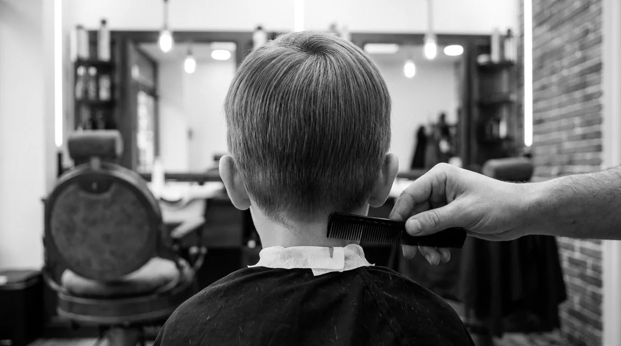 Garçon d'environ sept ans vu de dos, coupe courte classique aux ciseaux, un barbier tient un peigne près de la nuque