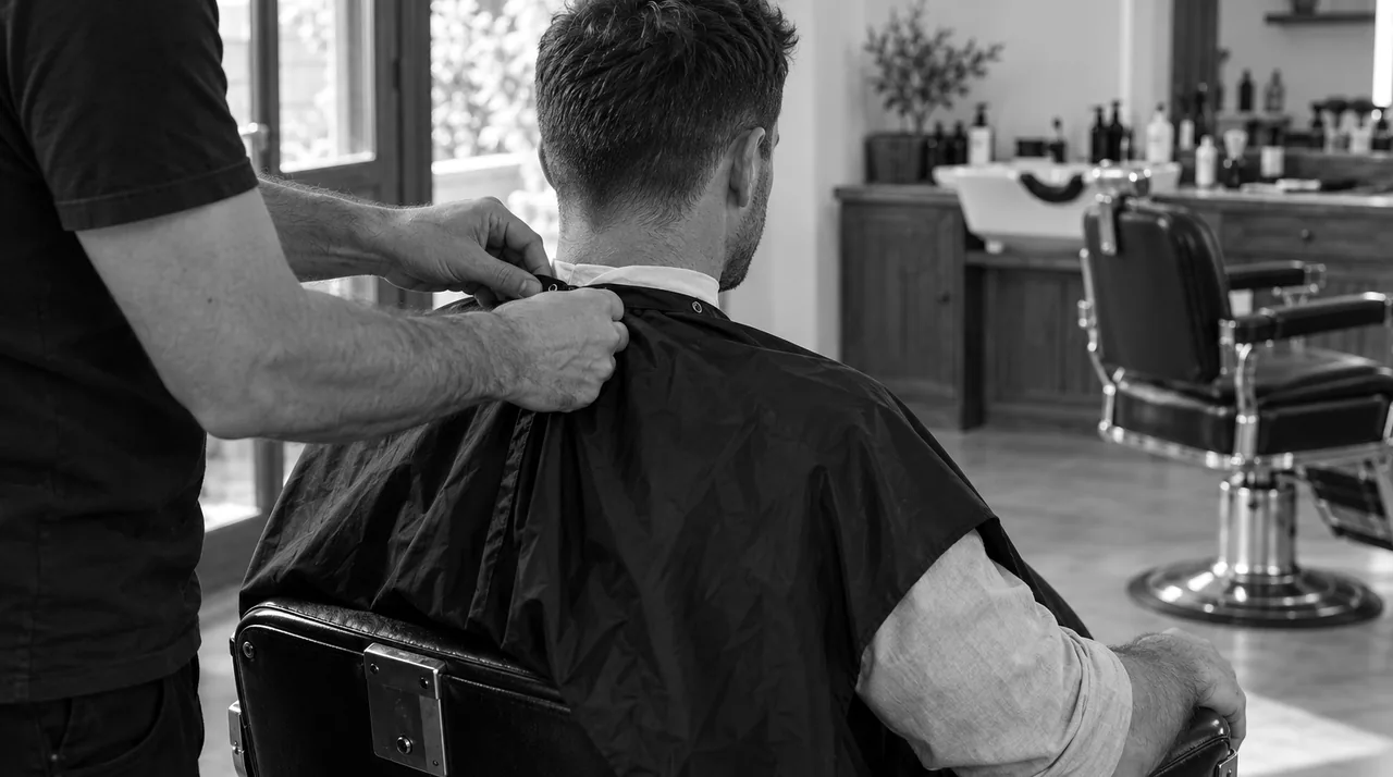 Homme en chemise de travail, manches retroussées, assis dans un fauteuil de barbier en fin de journée, vu de dos