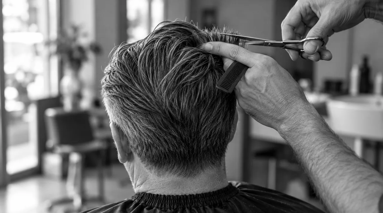Mains d'un barbier coupant aux ciseaux une mèche pincée entre deux doigts, sur des cheveux poivre et sel, vu de dos