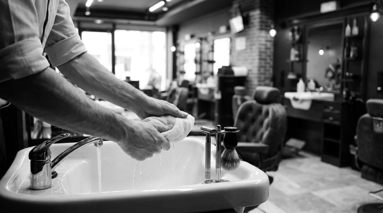 Deux mains essorant un gant de toilette sous l'eau froide, un rasoir posé à côté