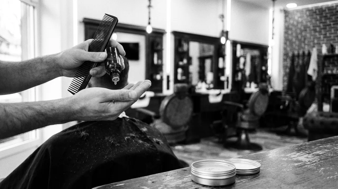 Mains d'un barbier tenant un peigne et un flacon d'huile au-dessus d'une cape noire